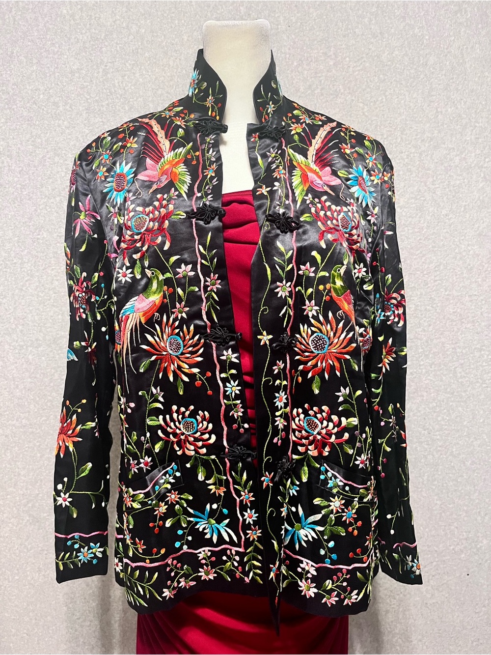 Vintage Silk Plum Blossoms Hand Embroidered Floral Mandarin Jacket Womens 36 M